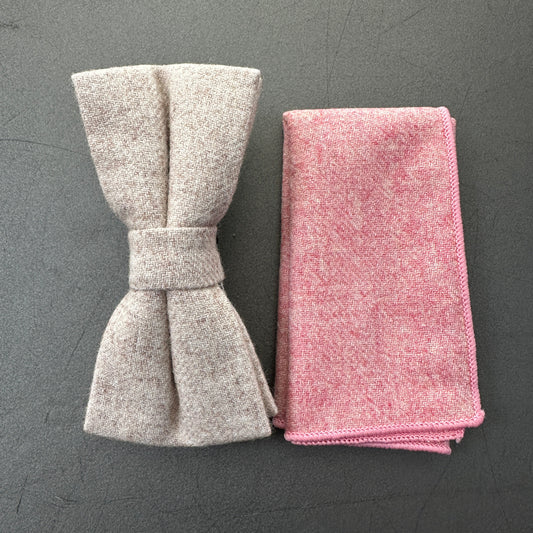 a-cream-wool-bow-tie-for-men-matched-with-a-pink-wool-pocket-square