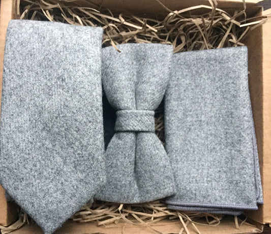 Amazing light grey tweed wool tie, bow tie and pocket square. Ideal as a men's gift and comes gift wrapped by Daisy and Oak Studio.