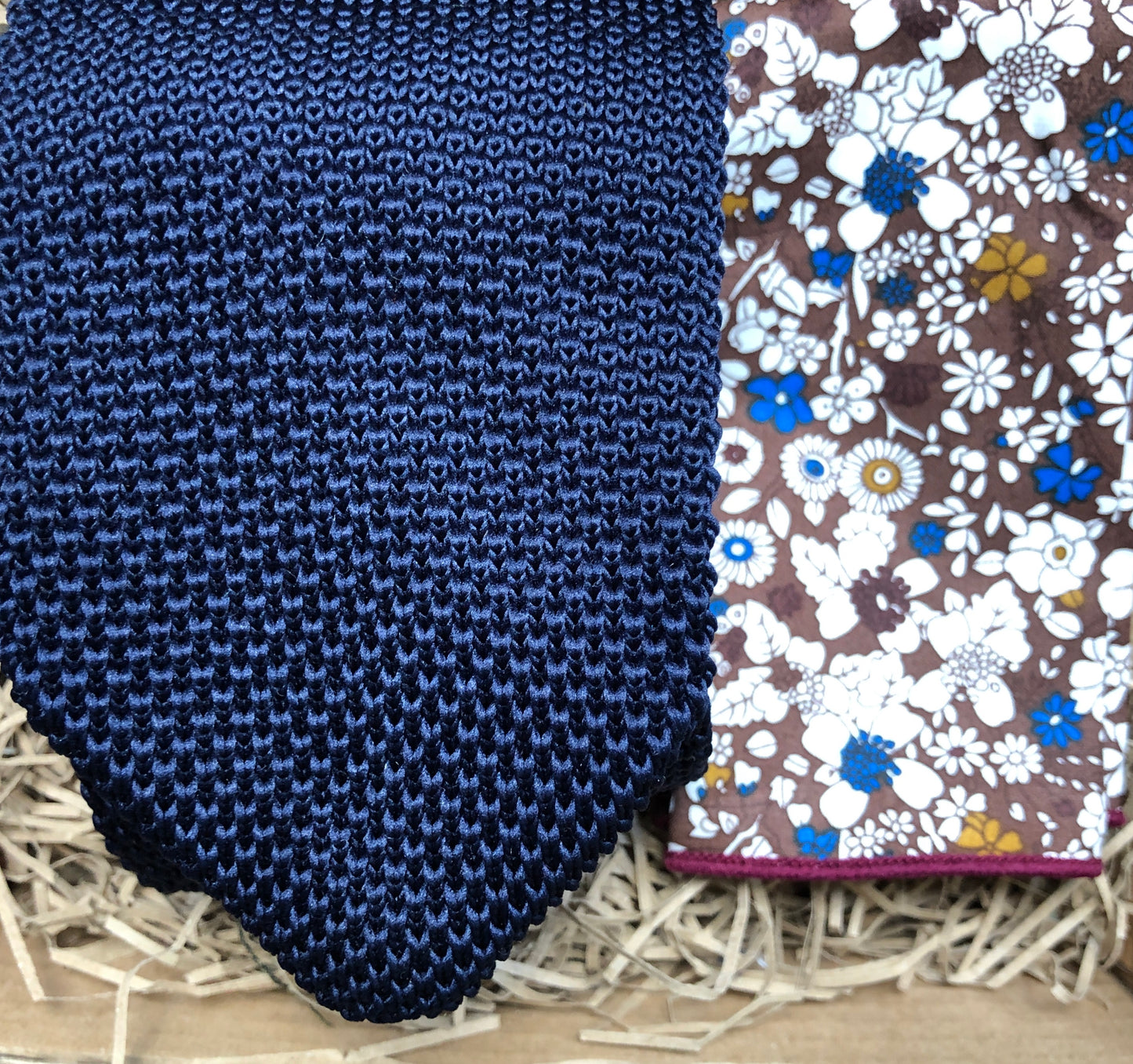 Larkspur & Cardinal: Knitted Tie, Navy, Floral Pocket Square, Men's Gifts, Formal Attire