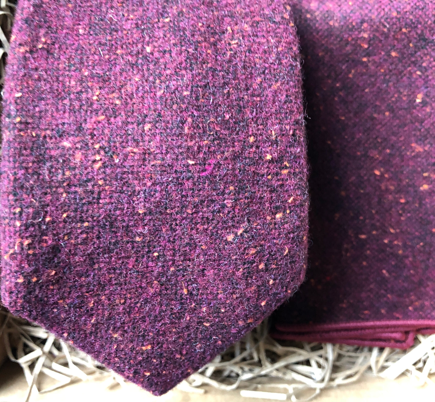 Bear River: Men's Red Purple Tie in Flecked Wool  with Pocket Handkerchief- Wedding Attire, Men's Gifts