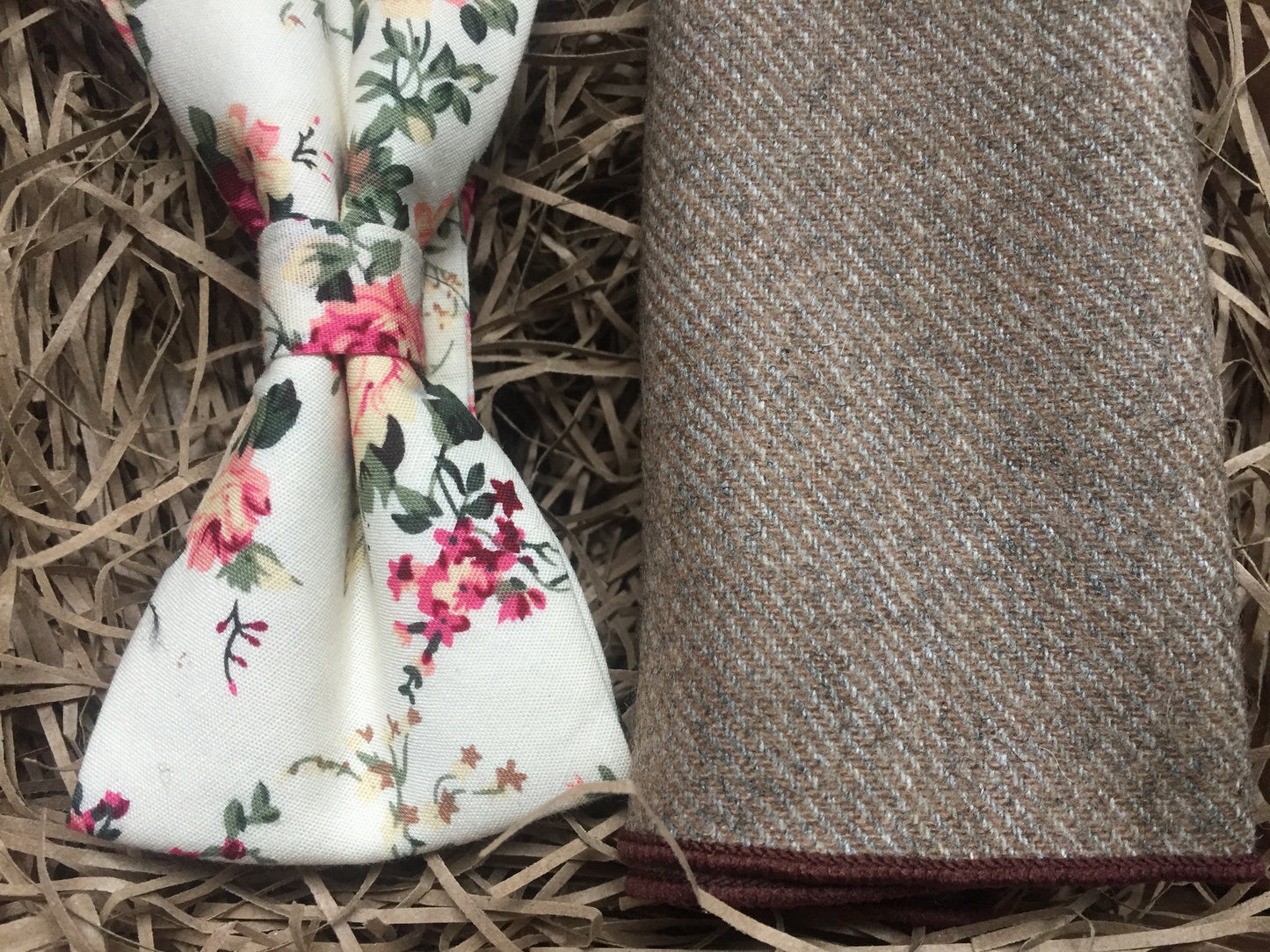 A cotton floral bow tie and beige wool pocket square. The Bow tie has a blush pink floral pattern and is pre-tied. The set is perfect for weddings, groomsmen ties and men's gifts. We gift wrap all of our products which are handmade at Daisy and Oak Studio.