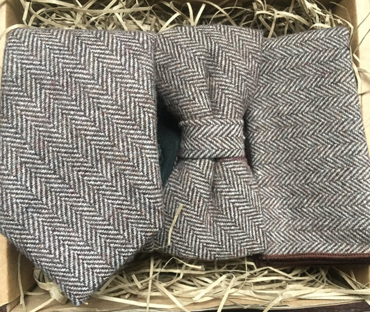 Men's herringbone, brown vintage tie, bow tie and pocket square. The tie set comes gift rapped and is handmade at the Daisy and Oak Studio, UK