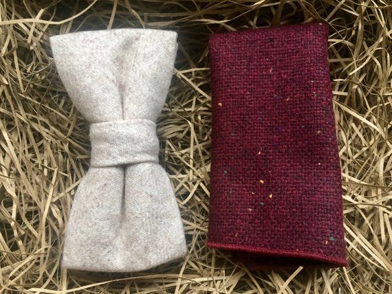 A cream wool bow tie and a burgundy pocket square. The set comes with free gift wrapping and is perfect for ivory weddings, men's gifts, and groomsmen gifts. We make the bow ties by hand at Daisy and Oak Studio