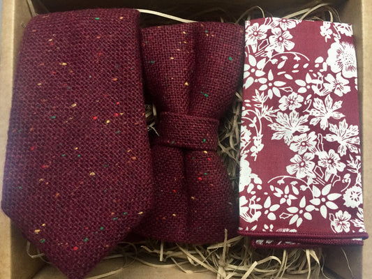 The Oak and Amaryllis: Burgundy Tweed Tie, Maroon Red Bow Tie, Floral Pocket Square, Mulberry WeddingTies, Tweed Ties, Ties For Men