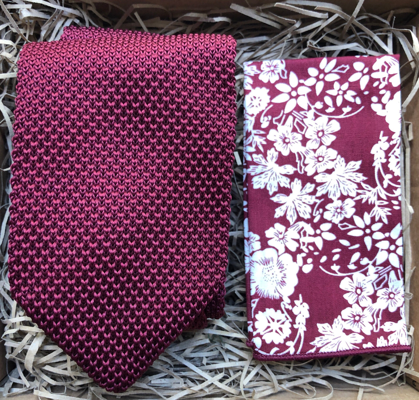 The  Mulberry Red Knitted Necktie & Amaryllis Pocket Square: Red Knitted Necktie, Mulberry Tie, Floral Pocket Square, Ties for Men,